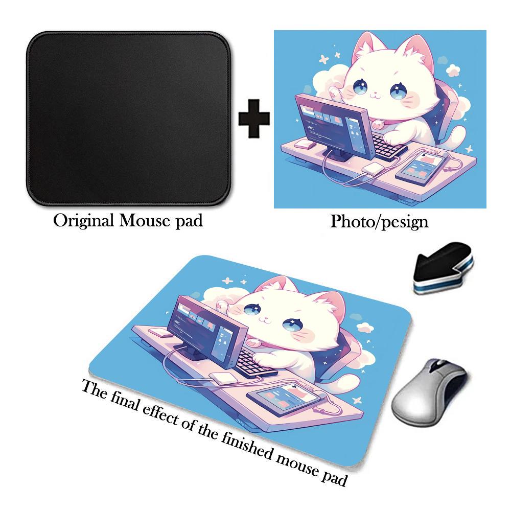 Cute Cat Illustration Mouse Pad Small Gamer Office Table Mats Computer Accessories Washable Non-slip Rubber Lock Edge Mousepad