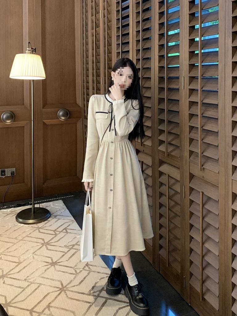 MODE Kleiner Duftstil Kleid Damen Winter 2025 Neu Promi-Temperament Taille Skinny Mittel Lang Schnürung Langarm Rock Kleidung