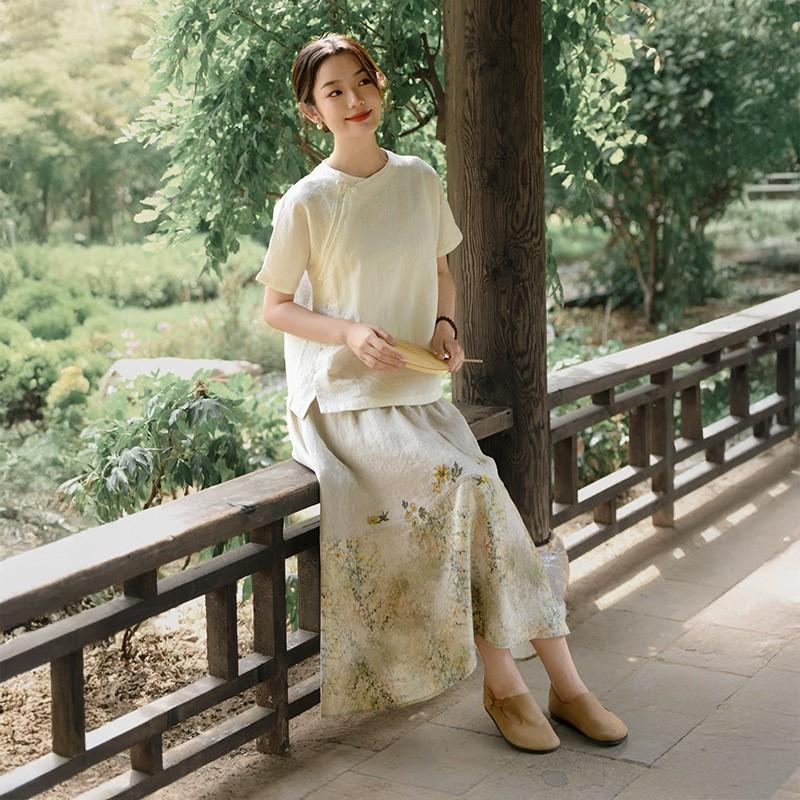 Johnature Women Vintage Print Floral Skirts Patchwork Color Cloths Summer Chinese Style High Quality Female Skirts