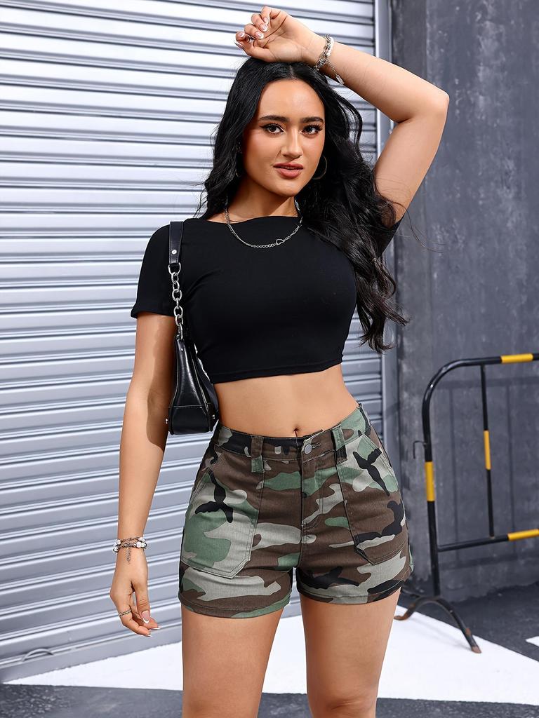 European & American Women's Camouflage Denim Shorts, Casual Comfort with Half Elastic Waistband for Summer.
