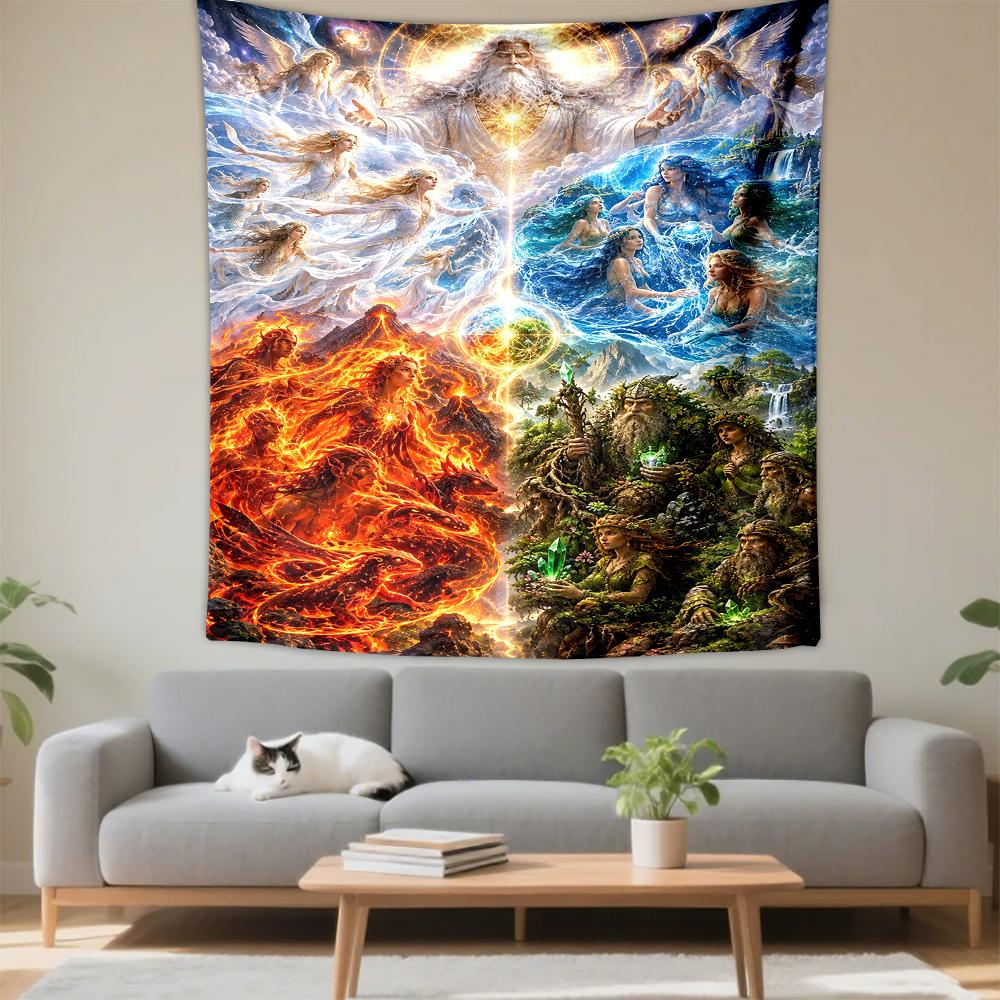 Wall Tapestry - Greek Gods Four Elements Water Fire Earth Sky Fantasy Art Living Room for Dorm Room