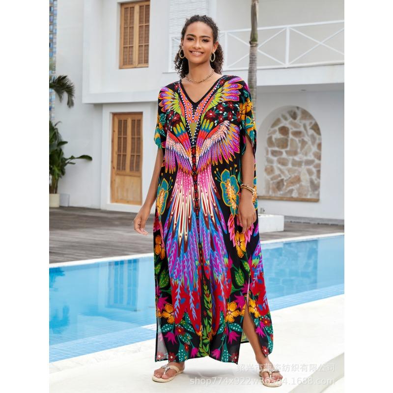 Plus Size Beach Print Dress for Women Bat Sleeve Bikini Suntan Cover Up