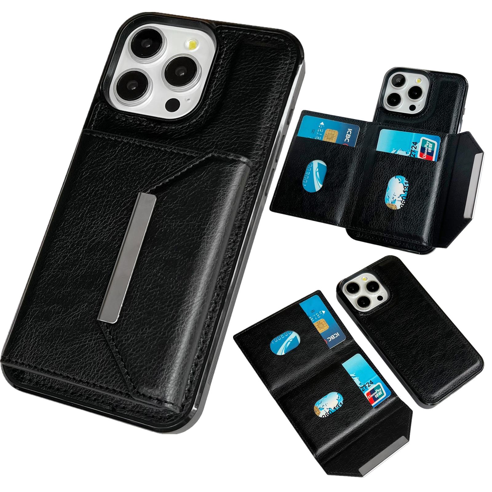

For iPhone 16 Pro Case Card Bag Kickstand TPU+PU Phone Cover Black