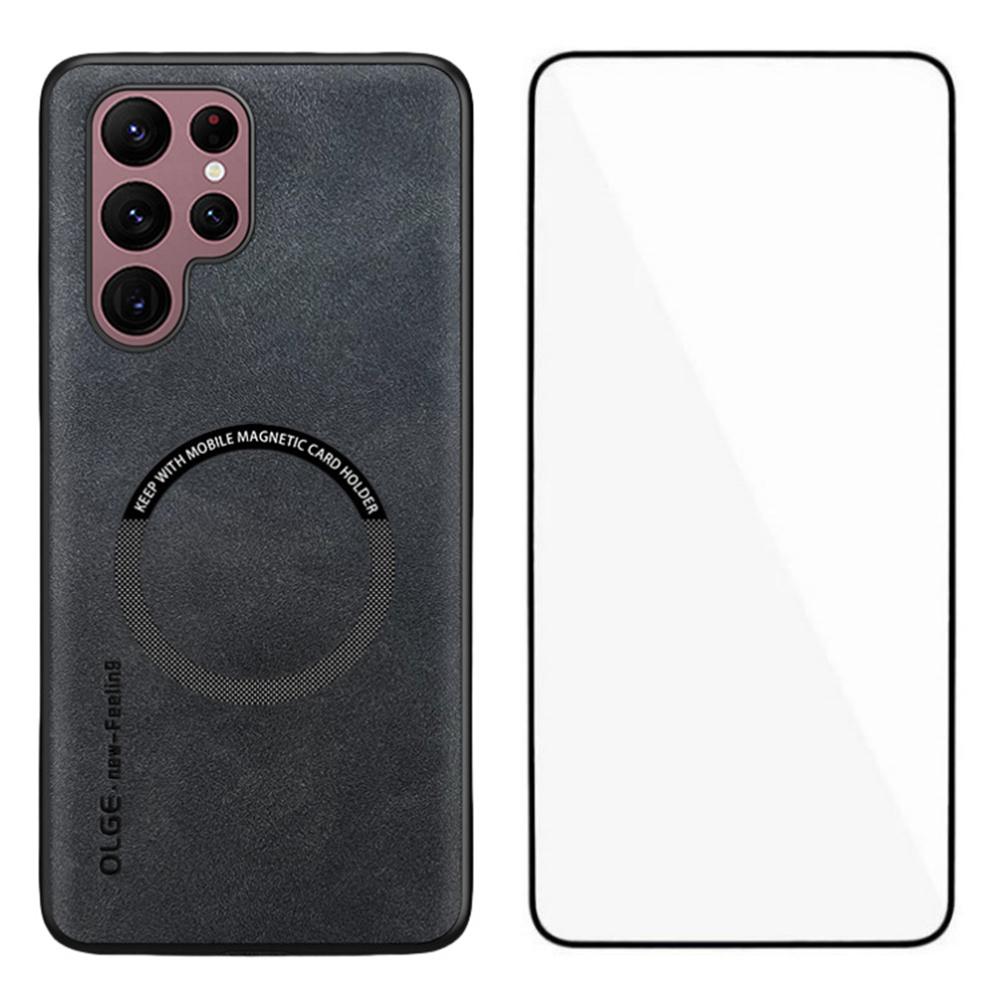 

WANLONFENG YBP Series For Samsung Galaxy S23 Ultra Magnetic Case with Tempered Glass Film PU+TPU Phone Cover Large Cutout Black