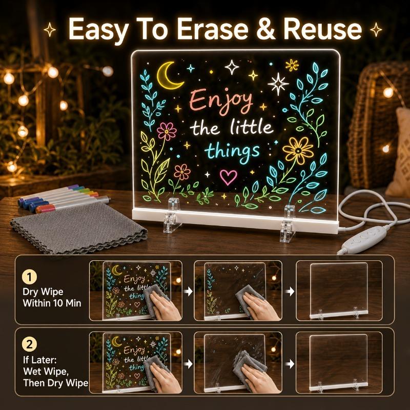 DIY Rewritable Glowing Acrylic Message Board Lamp, Light Up Drawing Board for Kids, Comes with 7 Vibrant Color Marker Pens