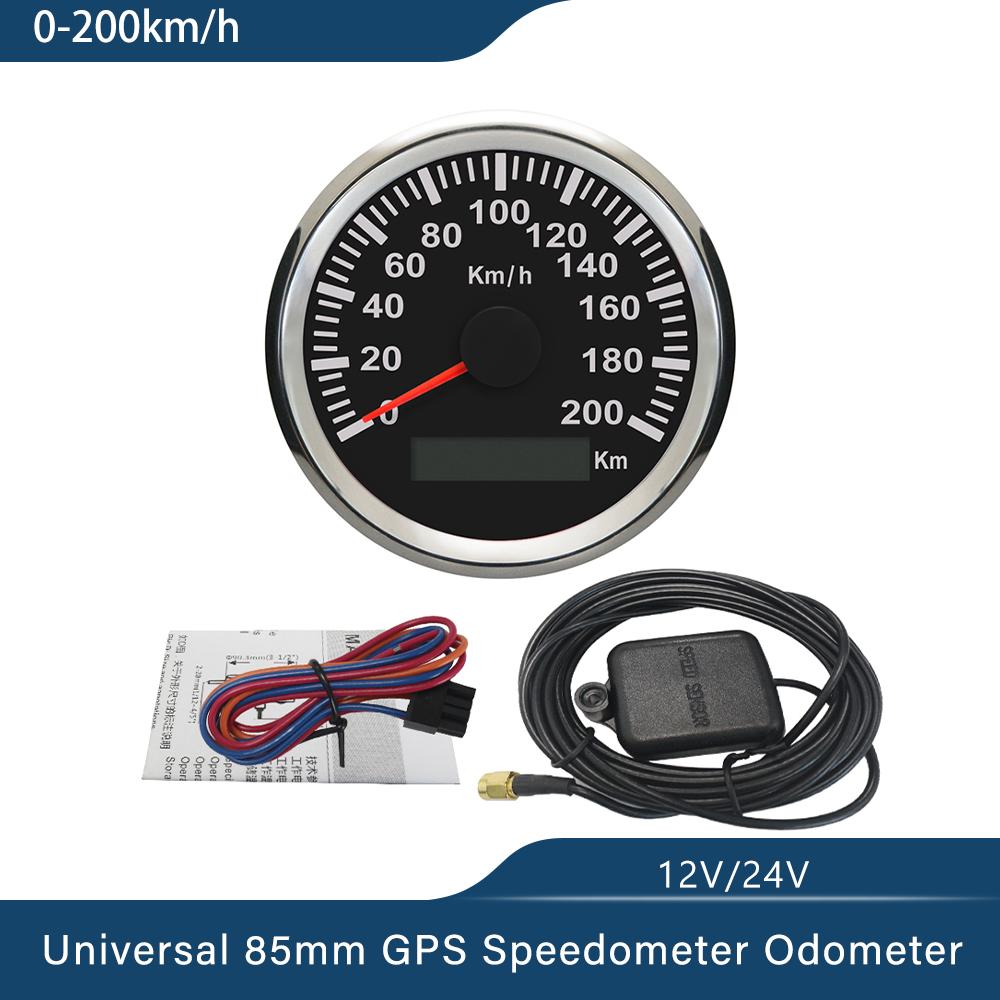 Universal 85mm GPS Speedometer Gauge 120km/h 200km/h for Car Truck Boats Motor Auto with Red Backlight 12V 24V With GPS Antenna