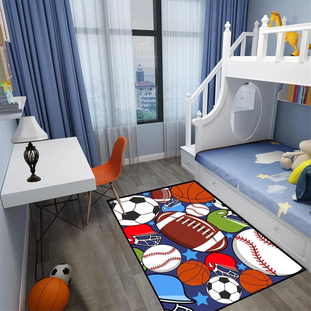 Sports Balls Play Rug for Kids Bedroom, Soccer, Basketball, Football, and Tennis Ball Carpet, Non-Slip Playroom Floor Mat