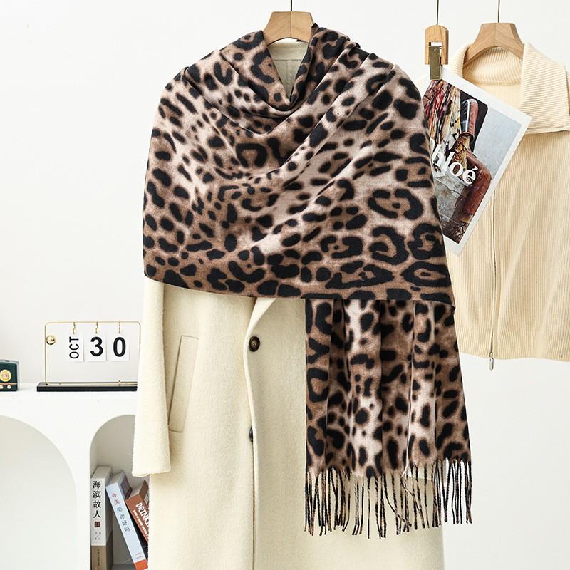 Womens Lightweight Faux Cashmere Scarf With Leopard Print - Korean Style Winter Shawl Soft Draping Wrap
