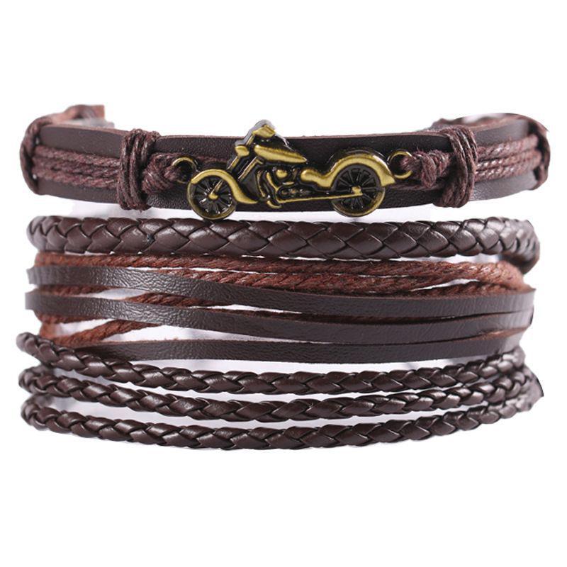 4Pcs/ Set Braided Wrap Leather Bracelets for Men Vintage Life Tree Rudder Charm Wood Beads Ethnic Tribal Wristbands