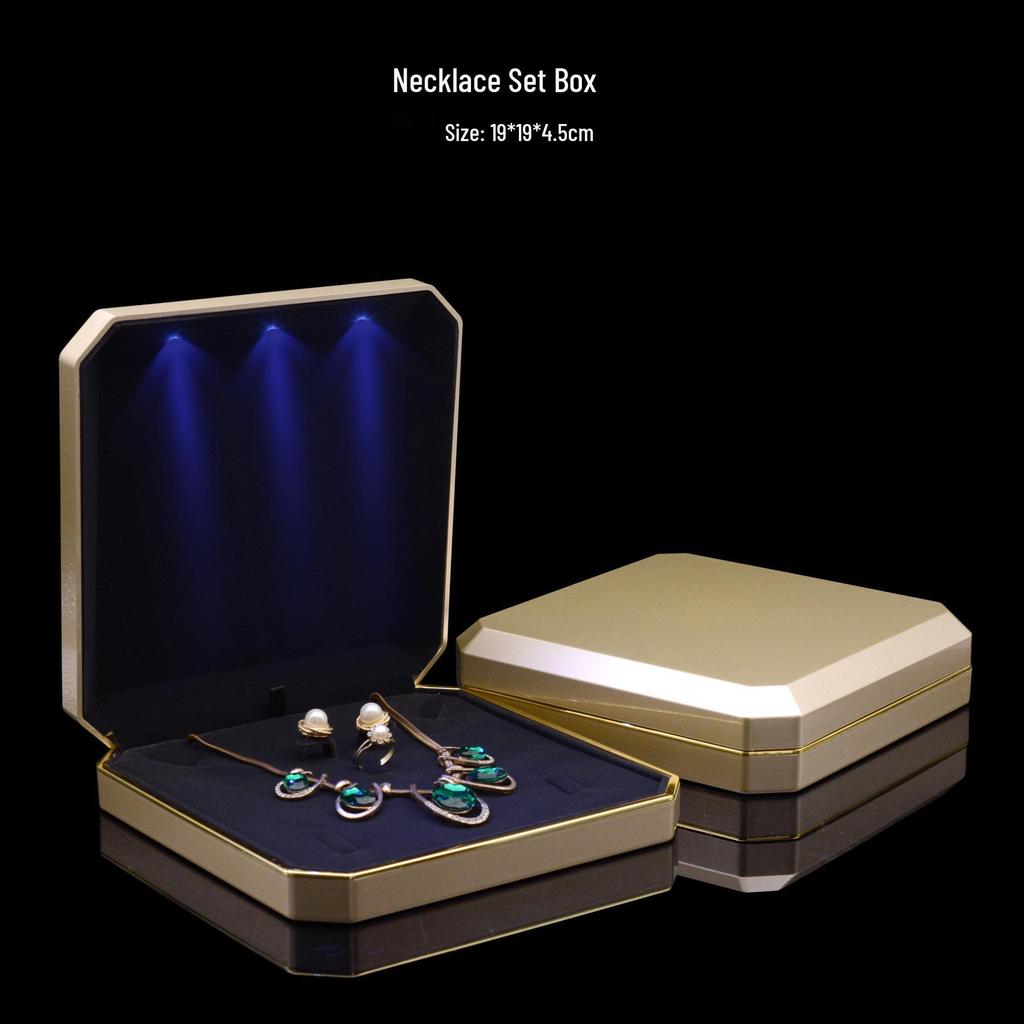 Gold LED Jewelry Set: Necklace & Pearl Three-Piece in Champagne Box