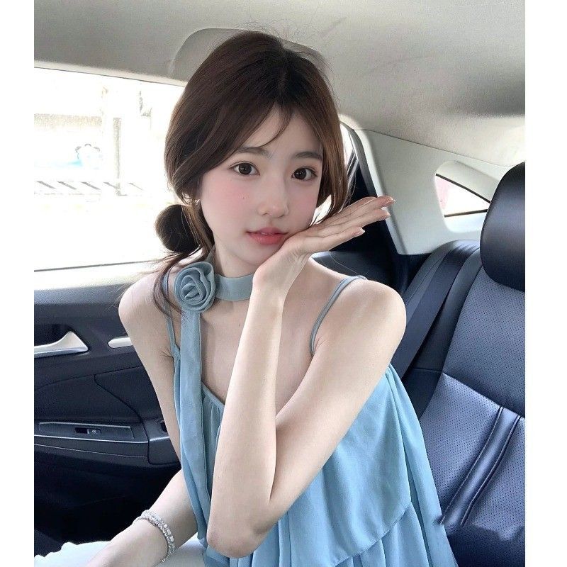 Women's Baby Blue Chiffon Halter Mini Dress Tie Neck Ruffle Layered Sleeveless Flowy Casual Summer Dress
