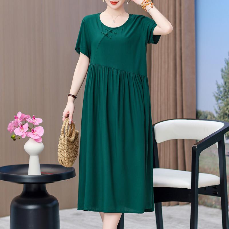 Elegant Dresses for Women Plus Size Loose Casual Vintage Print Long Dress With Sleeves Summer Middle-aged Women's Clothing