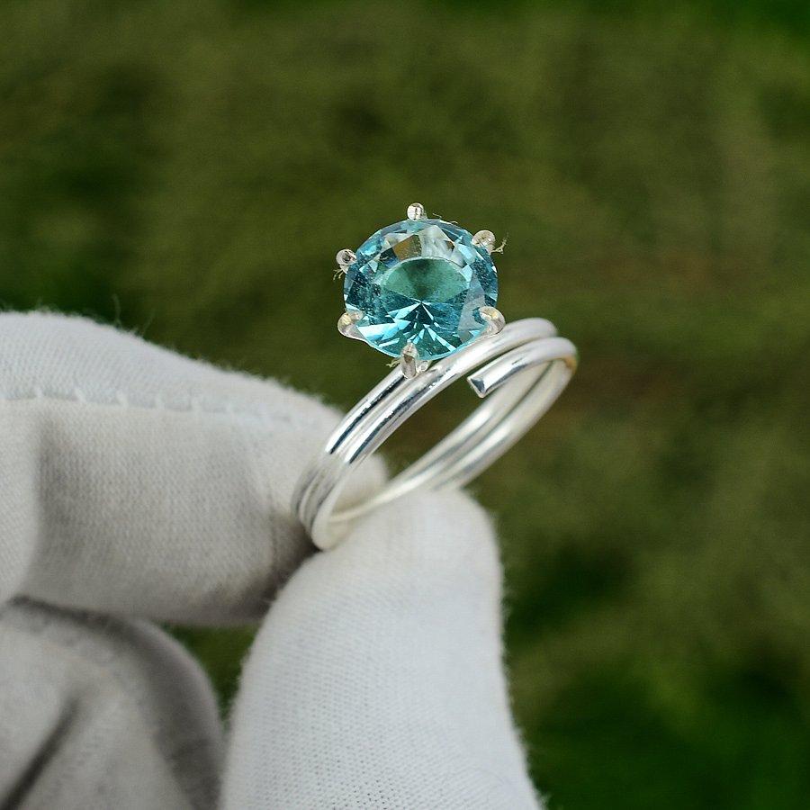 Friendship Day Deal Swiss Blue Topaz Stone Mother Statement Ring Sterling Silver Adjustable