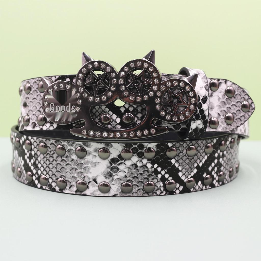 Rhinestone Tiger Claw Buckle Belt - Y2K Punk Rivet Women's Snake Skin Belt
