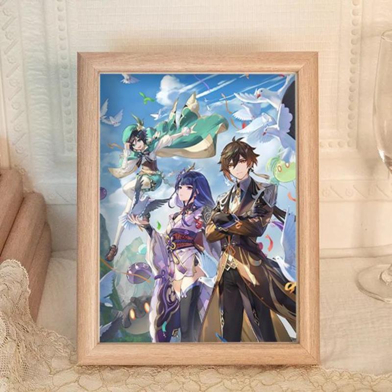 

7-дюймовая деревянная и стеклянная фоторамка Genshin с персонажами Кэцин Клее и Ганьюй, подставка для фотографий в стиле игры, декоративное украшение, подарок 7 inch