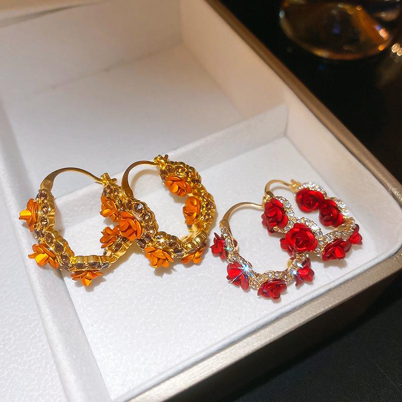 Korean Fashion Rose Flower Hoop Earrings for Women Luxurious Sparkling Zircon Circle Drop Earrings Party Ear Jewelry Accesories