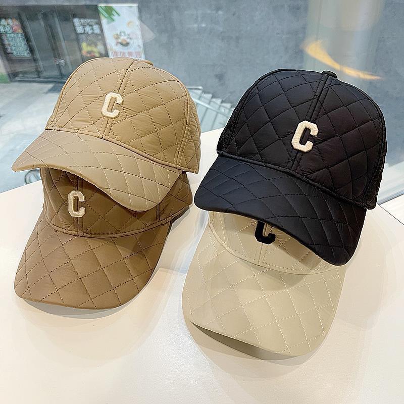 A niche design down cotton pressed grid warm baseball cap with winter embroidery letters, simple couple's duckbill cap