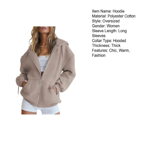 Kadın Fermuarlı Kapüşonlu Uzun Kollu Bol Kesim Sweatshirt Sonbahar Polar Ceketler Cepli Günlük Egzersiz Kıyafetleri