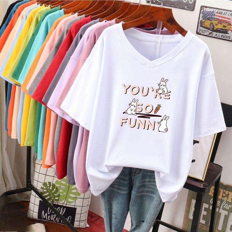 

Футболка з коротким рукавом, Вільного крою, Приталена футболка з V-подібним вирізом з принтом для жінок S білий