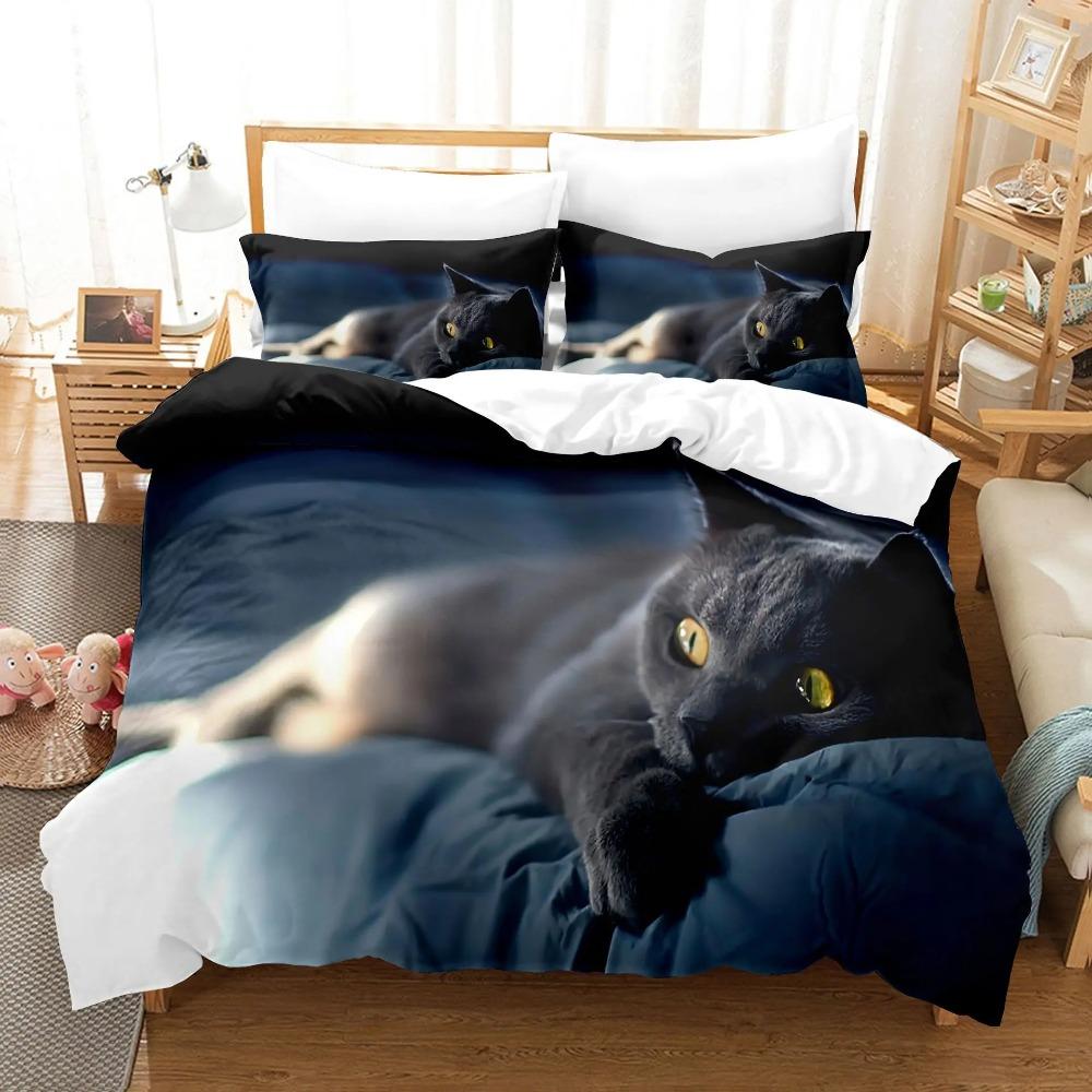 3D Pet Cat Comforter Bedding Set For Kids Cute Kitten And Tiger Duvet Cover For Boys And Girls Mysterious Black Cat Bedspread