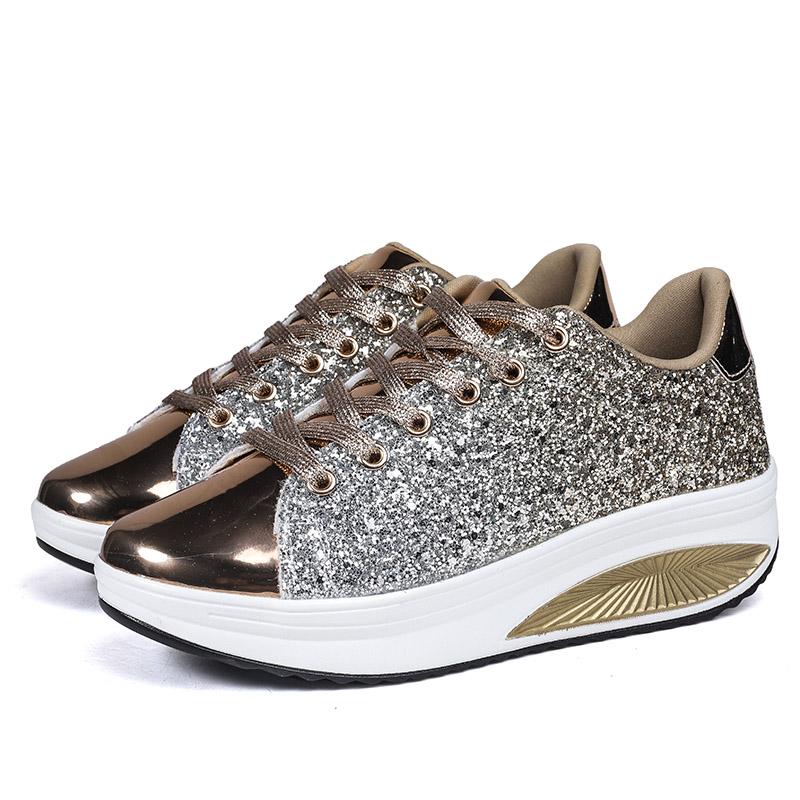 Fashion Ladies Women'S Shoes Sport Sequins Wedges Shoes Shake Silver Comfortable Sport Jogging Tennis Lace Up Running Sneakers