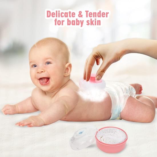 Mee Mee Soft Feel Baby Powder Puff - BPA Free | Box Holder Container for New Born and Kids | Pink Color (Single Pack)