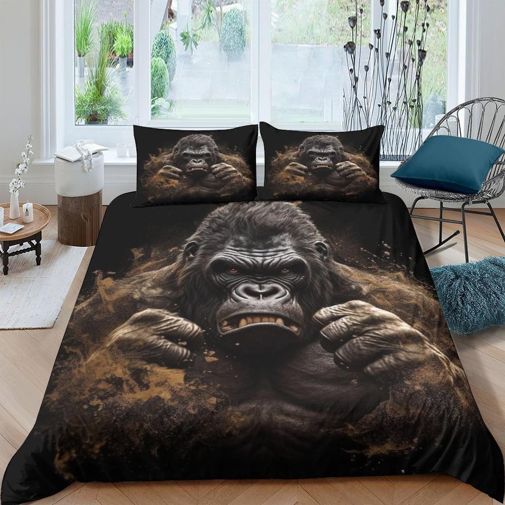 3D Gorilla Bettbezug Kopfhörer Gorilla Bettwäscheset Wildtiermuster Bettdeckenbezug Aquarell Blau Polyester Steppdeckenbezug