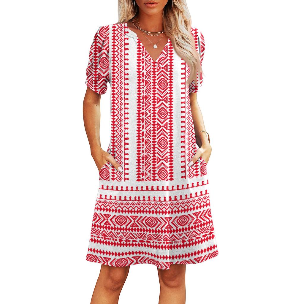 Dámské letní ležérní plážové šaty s výstřihem do V, s krátkým rukávem, pruhované, s geometrickým potiskem