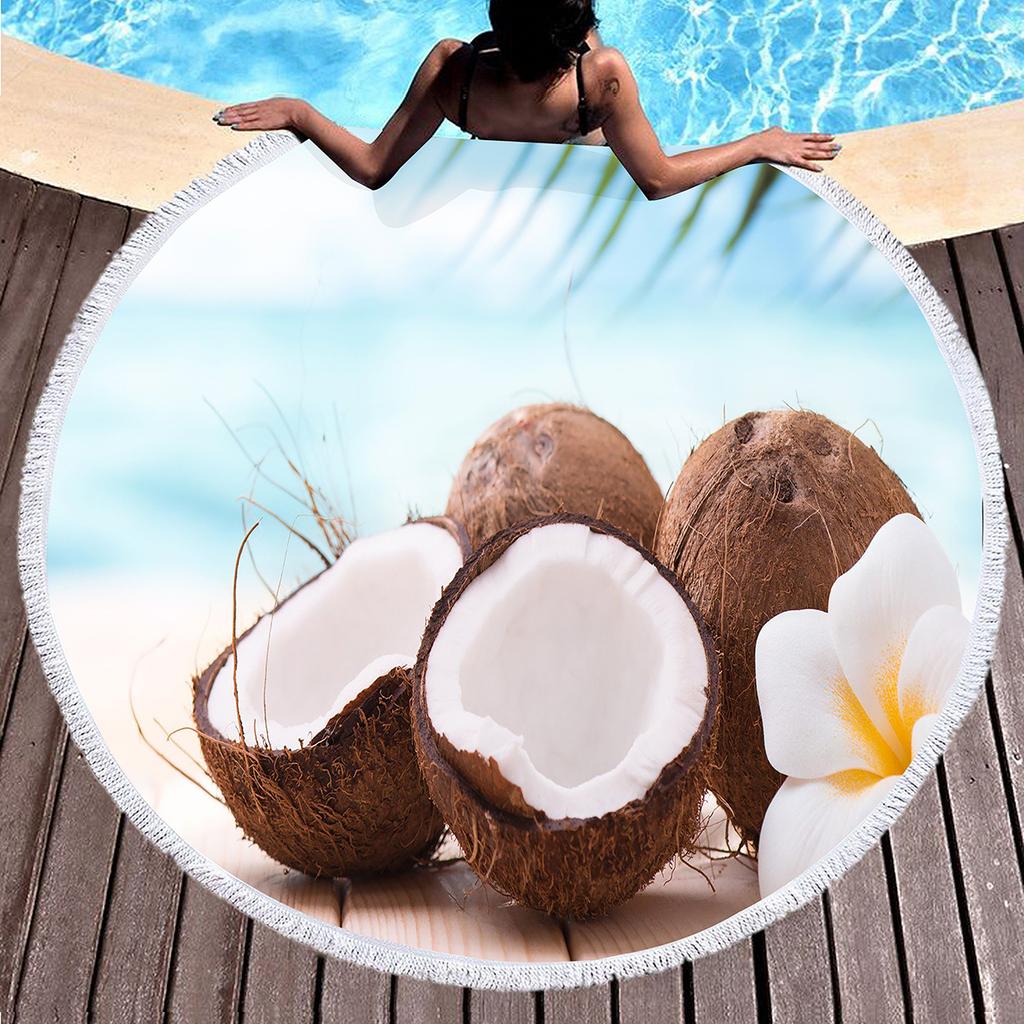 Hawaii Tropical Fruit Coconut Round Beach Towel with Tassels, Microfiber Quick Dry Absorbent Pool Towel Sand Free Beach Blanket