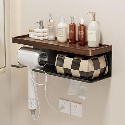 Walnut Wood No-Drill Hair Dryer Rack & Toilet Paper Holder Stand