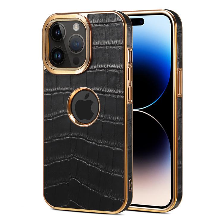 Denior Apple 15Pro leather sticker mobile phone case iPhone14ProMax crocodile pattern electroplating protective case