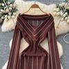 Autumn Winter Women Casual V-neck Full Sleeve Striped Knitted Sweater Slim Bodycon Sheath Dresses