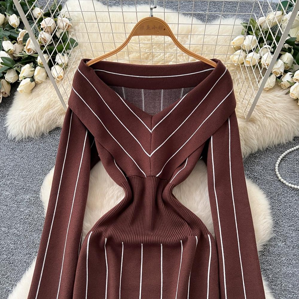 Autumn Winter Women Casual V-neck Full Sleeve Striped Knitted Sweater Slim Bodycon Sheath Dresses