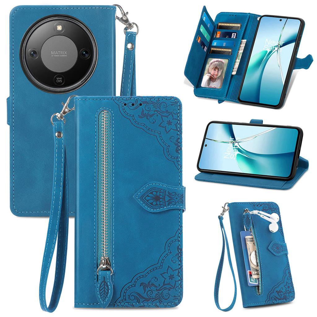 For Honor Magic8 Lite 5G/X9d 5G/X70 5G Zipper Wallet Case with Strap Flower Imprint PU Leather Phone Cover
