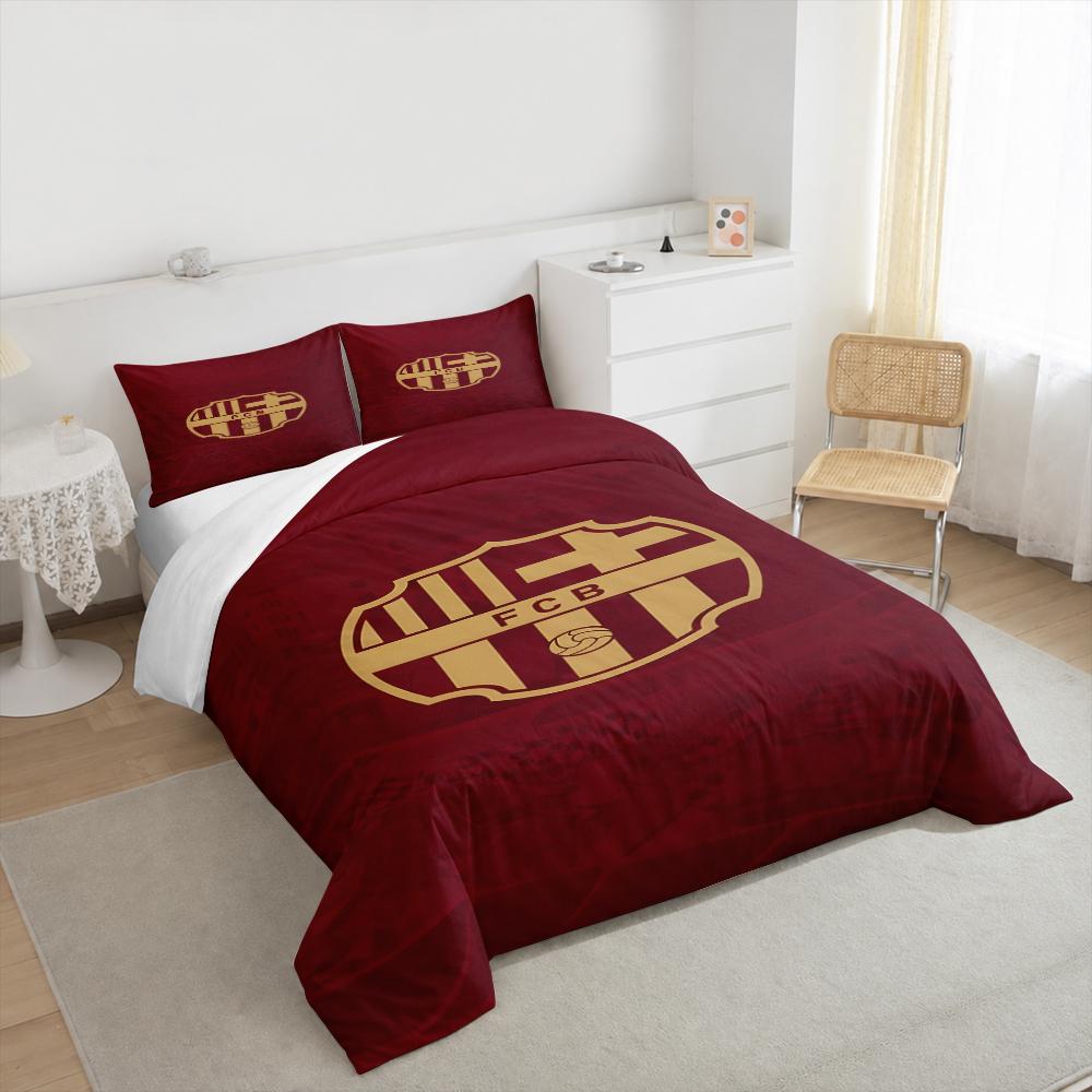 3 Piece Bedding Set FC Barcelona Football Club Crest Gold FCB Shield Red Background Camp Nou Soccer Team Print for Men Fan Gift