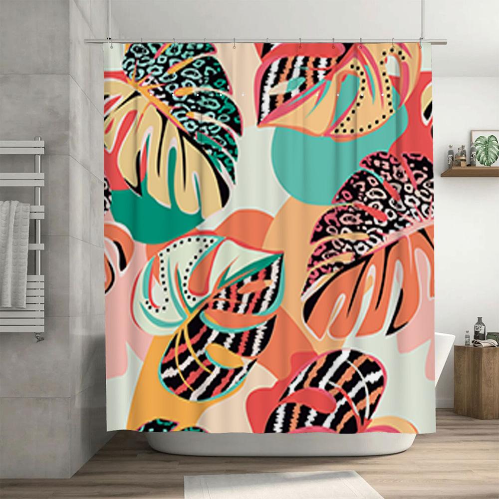Animal Print Shower Curtain Tropical Leaves Design Vivid Colors For Bathroom Decor