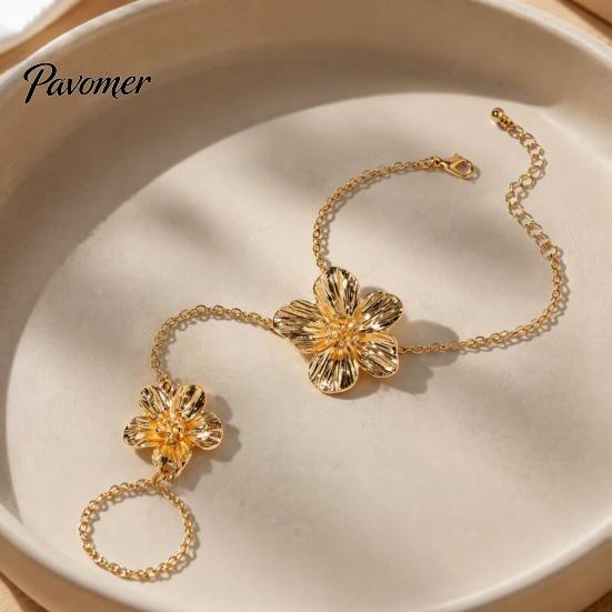 Layered Flower Hand Accessory Gold Chain Link Bracelet with Finger Ring for Integrated Women, Hibiscus Flowers O Bracelet, Floral Fairy Jewelry