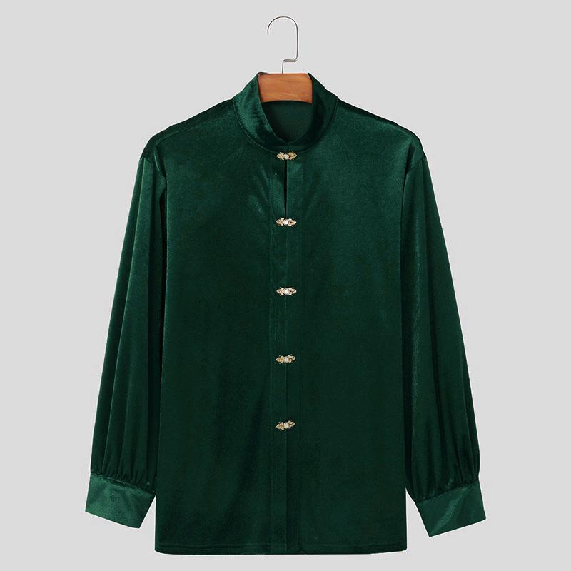 

INCERUN Весенние мужские рубашки с воротником-стойкой и длинным рукавом из бархата и пуговиц 5XL зелёный