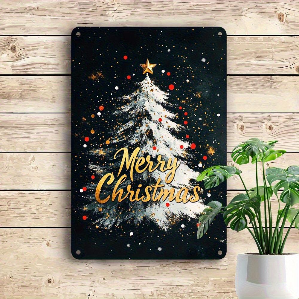 Vintage Merry Christmas Aluminum Sign 12x8 Inch - Gold Letter Red Decor Snowflake Wall Art for Room Bar Cafe Garage Reusable Hol