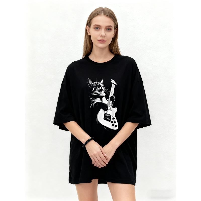 Oversized T Shirt Black Cat Playing Electric Guitar Print Casual Streetwear Fashion Top for Women Summer Outfit
