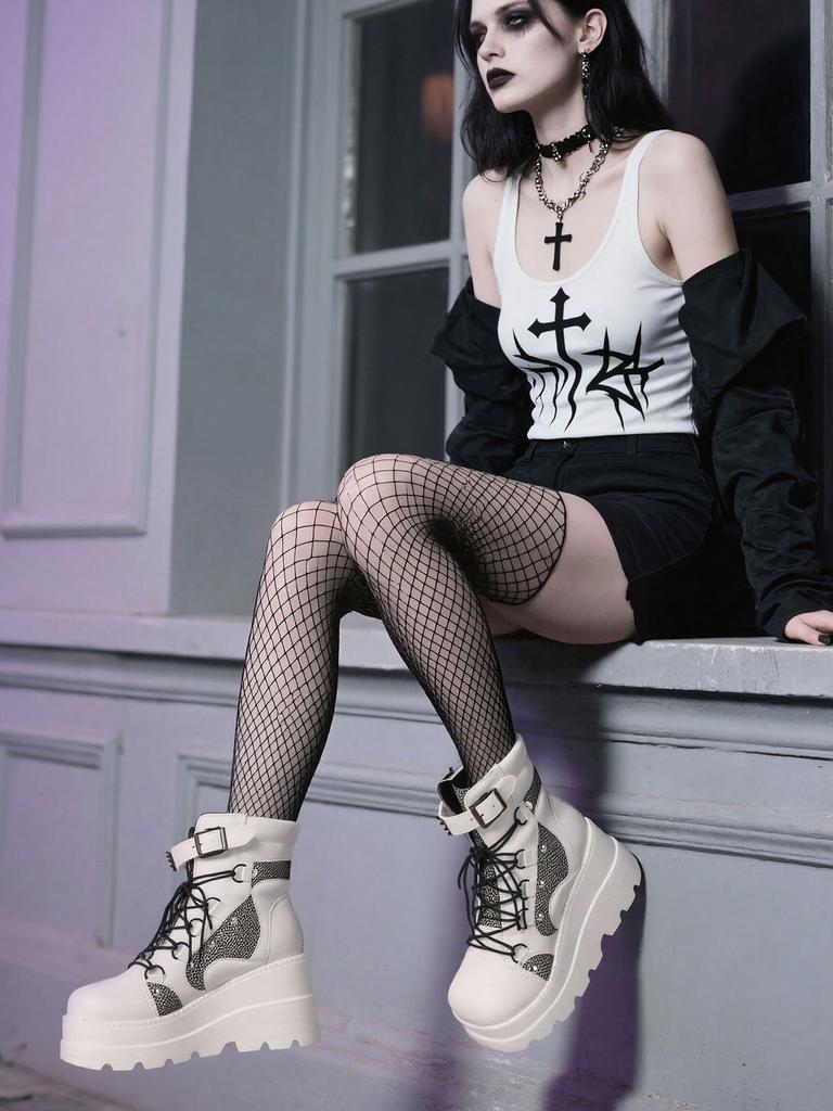 Gothic Platform Combat Boots Wedge Heel Lace Up Ankle Motorcycle Goth Rivet Buckle Fashion Women Booties Shoes