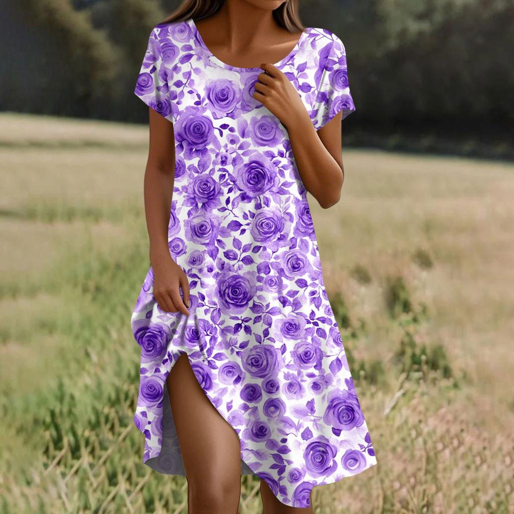 Short Sleeve Boho Dress For Women Casual Loose Fit Summer Sundress Floral Print Dress With Pockets