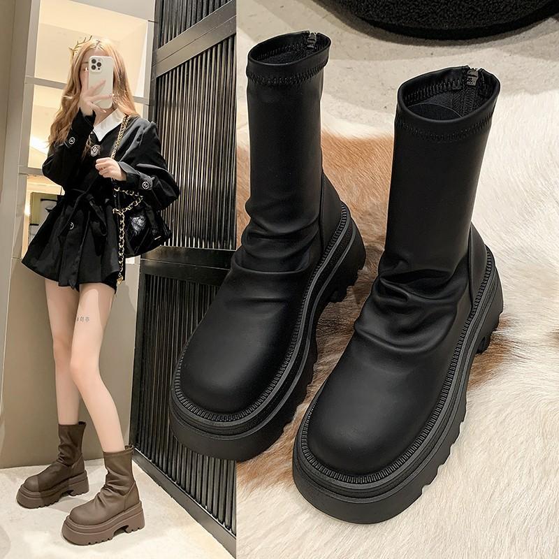 

Складные короткие ботинки на толстой подошве 2025 новые маленькие эластичные тонкие ботинки уличная платформа ботинки Мартина 40 чёрный