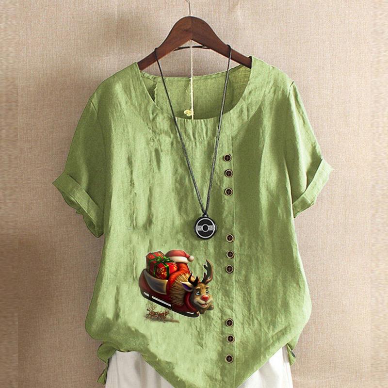 

Женская модная футболка с круглым вырезом и коротким рукавом, повседневная рубашка из хлопка и льна с рисунком, свободная летняя блузка с принтом оленей, топы 5XL зелёный