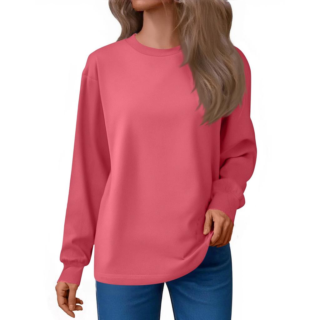 Women's Fashion Loose Round Neck T-Shirt Solid Color Casual Long Sleeve Top