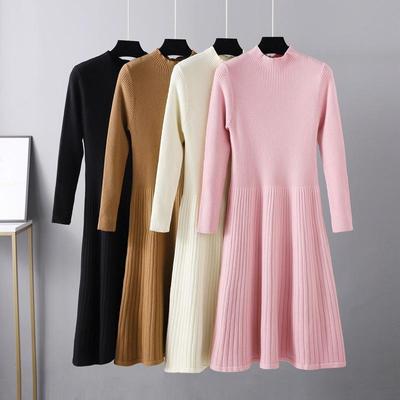 Vestido feminino outono inverno gola alta manga comprida cor sólida slim malha cintura alta chique