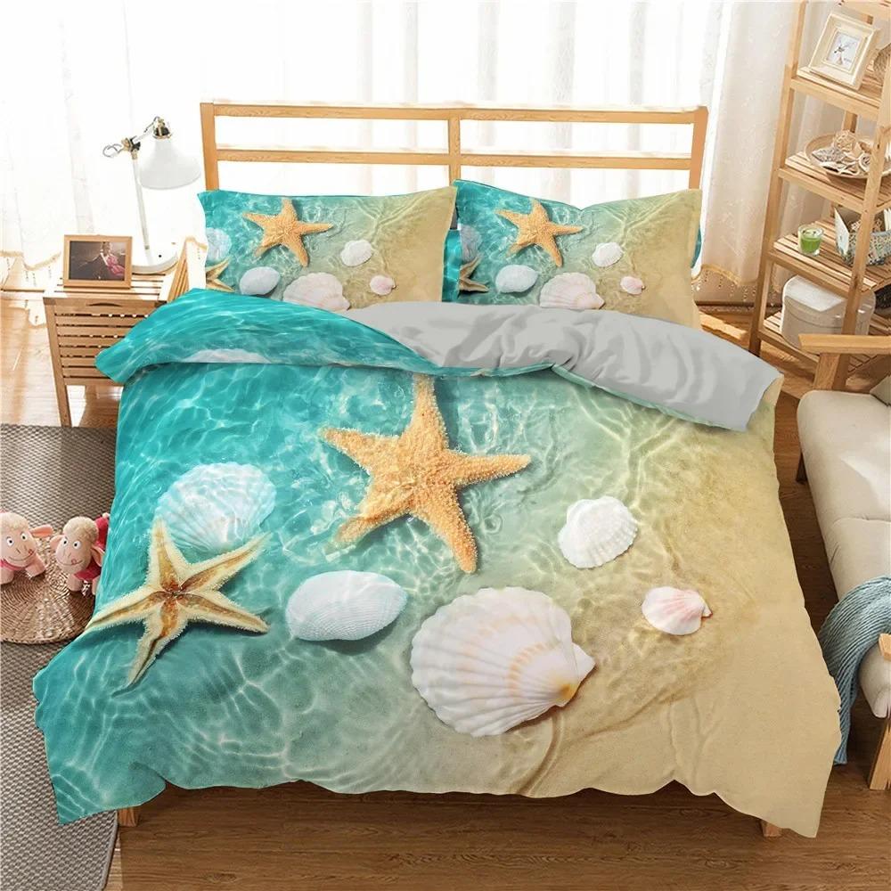 Starfish Duvet Cover Set KingQueen Size,Hawaii Tropical Landscape Duvet Cover,Beach Conch Print Comforter Cover For Kids Teens