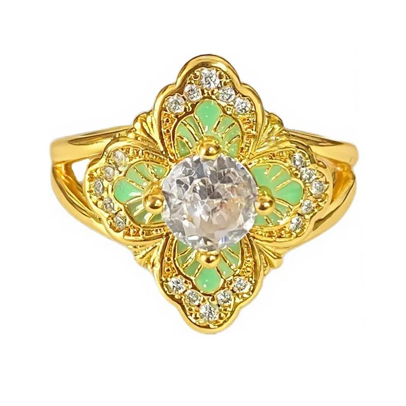 Medieval Vintage Colored Enamel Flower Butterfly Opening Ring Female Retro Niche High-End Light Luxury Ring