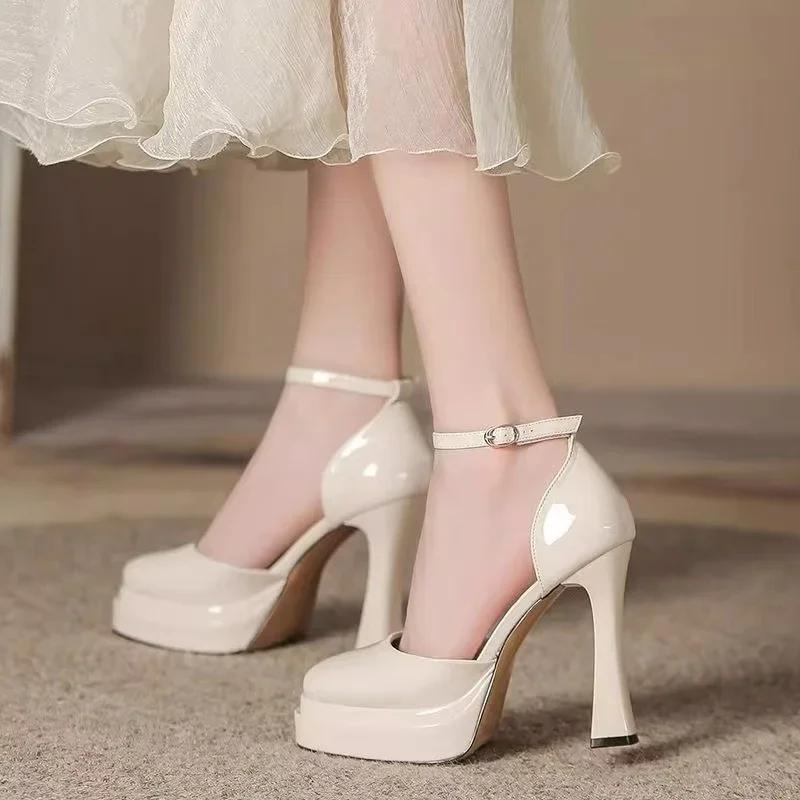 Fashion Women's Super High Heels Pointed Tip Thick Heel Ankle Strap Platform Heels Side Cutout Sexy Wedding Banquet Sandalias De Mujer