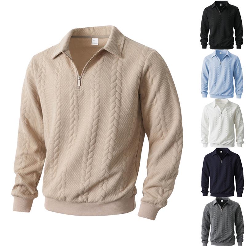 Men's Long Sleeve Jacquard Half-Zip Pullover Hoodie with Lapel for Spring and Autumn